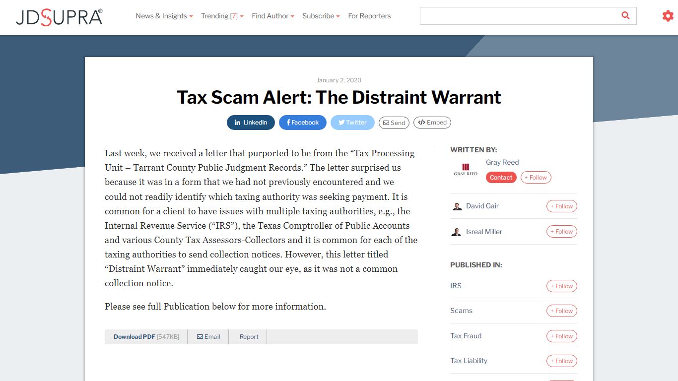 Tax Scam Alert: The Distraint Warrant | Gray Reed - JDSupra